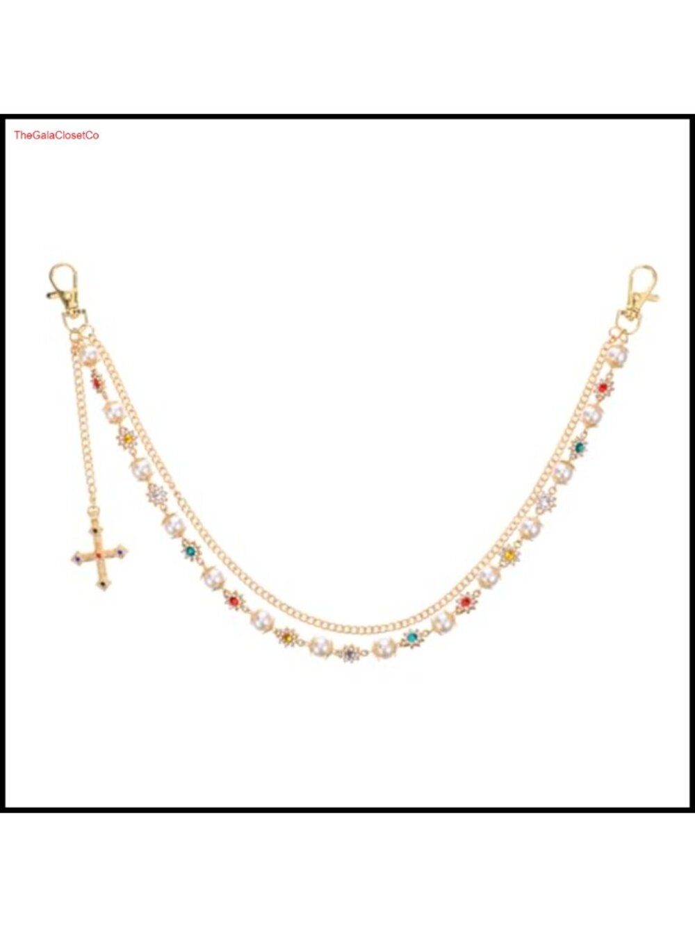 Double Layer Zinc Alloy Body Chain Faux Pearl Rhinestone Hip Hop Pants Chain